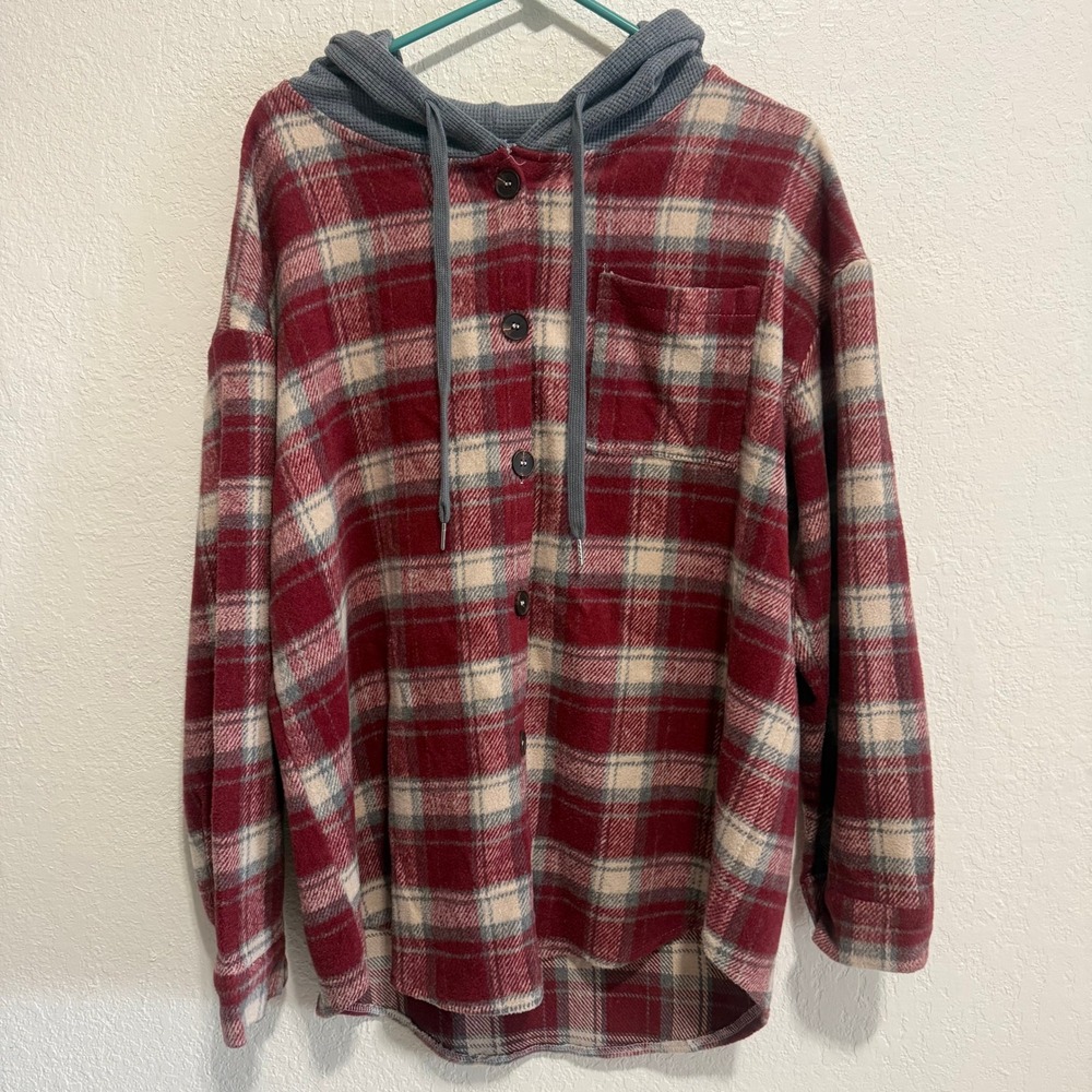 Women's Plaid Flannel Hoodie Shirt Jacket Oversized XL‎ Red Gray Tan Button Up